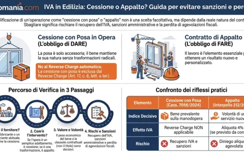 Illustrazione che confronta cessione con posa e appalto, evidenziando le differenze fiscali. Un prestatore di manodopera è raffigurato nel contesto di un appalto.