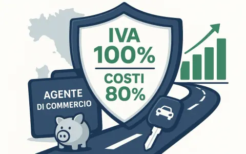 Agente di commercio: esempio calcolo ammortamento auto. IVA 100%, costi 80%. Grafico in crescita, salvadanaio e chiave auto.