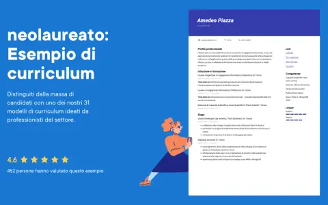 Esempio di curriculum per neolaureato, con hard skill esempi come JavaScript, Python, React, Node.js, MongoDB, AWS.