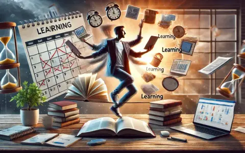 Un uomo con molte braccia afferra libri, laptop e clessidre, simboleggiando l'apprendimento permanente e la crescita continua.