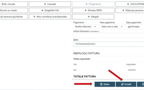 Interfaccia per la gestione di una fattura cartacea regime forfettario, con riepilogo e opzioni di salvataggio o emissione.