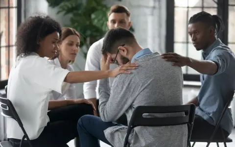 Un gruppo di persone offre supporto a un uomo visibilmente turbato, mostrando la curva del cambiamento attraverso l'empatia e la solidarietà.