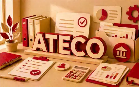 Scrivania con lettere "ATECO", cartelle, grafici e calcolatrice. Simboleggia la gestione delle attività e il potenziale costo aggiunta codice ateco.
