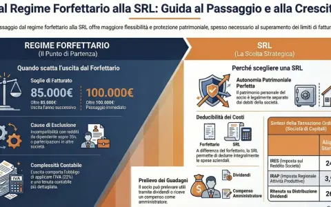 Guida al passaggio da regime forfettario a SRL: soglie di fatturato, cause di esclusione, deducibilità costi e tassazione. La SRL offre autonomia patrimoniale perfetta.