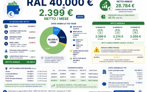 RAL 40.000€ lordi si traducono in 2.399€ netti/mese. Il costo aziendale totale è di 52.650€, con un netto annuo di 28.784€.