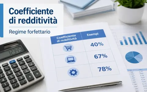 Calcolatrice e fogli con grafici mostrano il **coefficiente forfettario** per diversi settori, con esempi di redditività.