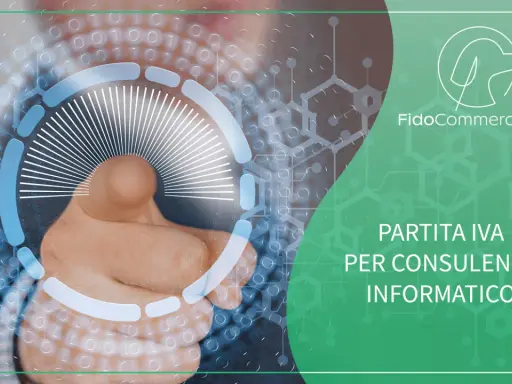 Dito che tocca un'interfaccia digitale con testo "Partita IVA per consulente informatico".