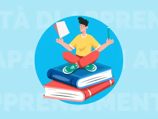 Ragazzo medita su libri, simbolo di crescita e sviluppo delle proprie capacità e competenze.