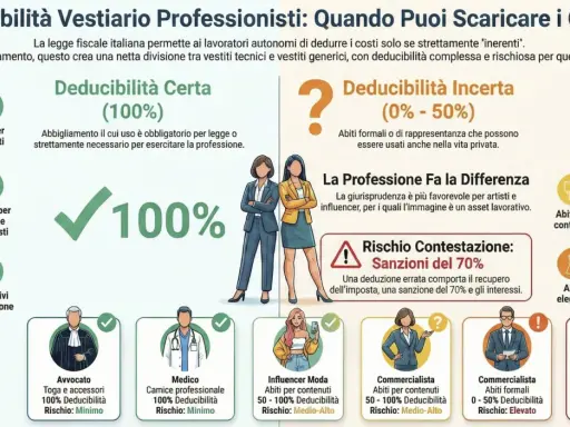 Infografica sulla deducibilità delle consulenze professionali per l'abbigliamento. Illustra la differenza tra spese deducibili al 100% (es. toga avvocato) e quelle con deducibilità incerta (0-50%), evidenziando i rischi.