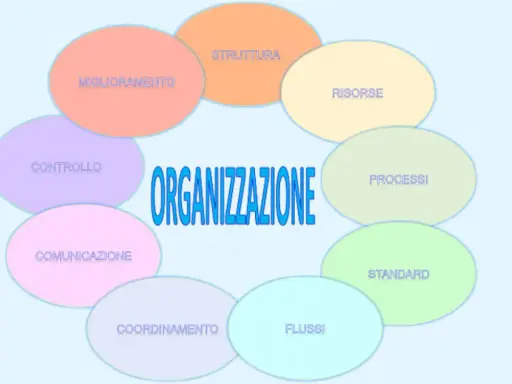 Schema del **modello organizzativo aziendale**: struttura, risorse, processi, standard, flussi, coordinamento, comunicazione, controllo e miglioramento.