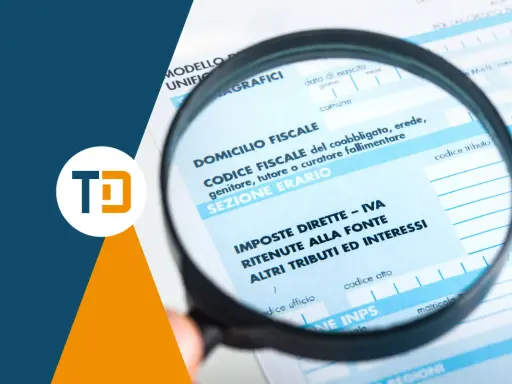 Lente d'ingrandimento su modello fiscale, sezione "Imposte Dirette - IVA", per analizzare l'importo imponibile con o senza IVA.