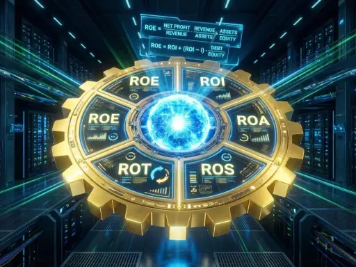 Ingranaggio dorato con indicatori finanziari (ROE, ROI, ROA, ROS) al centro di un data center futuristico. Analisi degli indici di redditività.