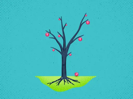 Albero spoglio con frutti a forma di punto esclamativo rosso. Un frutto è caduto a terra. Simboleggia il problem analysis.