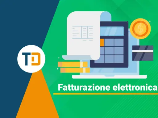 Illustrazione che mostra la differenza tra scontrino e fattura con calcolatrice, moneta, carta di credito e documento.