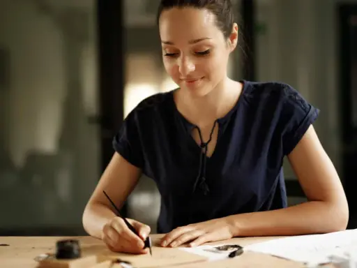 Donna scrive con una penna d'oca, ispirata a come scrivere una richiesta di lavoro esempio.