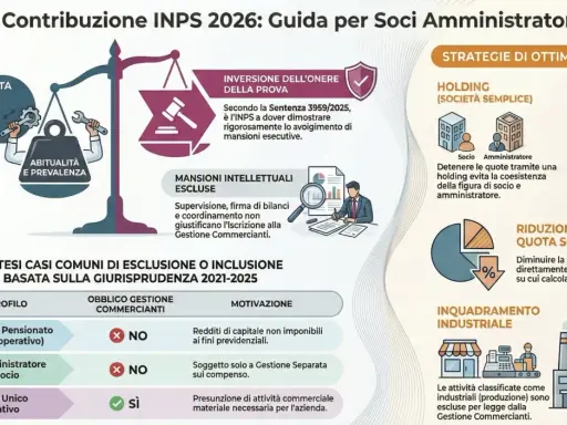 Guida INPS 2026 su contributi INPS amministratore SRL. Analizza casi di esclusione/inclusione, strategie di ottimizzazione e inversioni onere prova.
