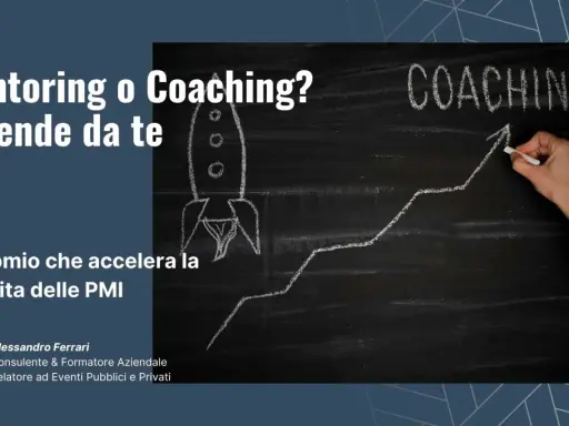 Il mentoring significato è un percorso di crescita. Una lavagna mostra un razzo e un grafico in salita, con la parola "Coaching".