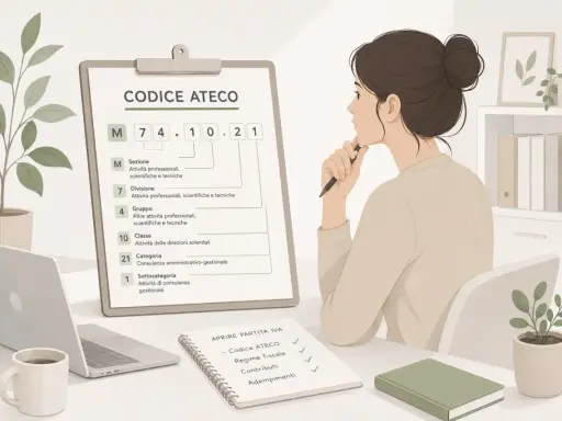 Donna pensa al codice ATECO 74.10.21 per la sua partita IVA multiservizi. Sul tavolo, un laptop e un quaderno con i passi per aprire la P.IVA.