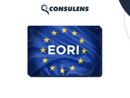 Bandiera UE con testo "EORI" e logo "CONSULENS". Ottieni il tuo numero EORI Italia per commerciare in Europa.