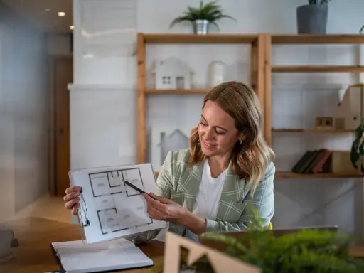 Agente immobiliare con partita IVA illustra una planimetria. L'ufficio è moderno e luminoso, con scaffali pieni di libri e oggetti decorativi.