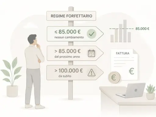 Uomo valuta il regime forfettario: se il fatturato è sotto gli 85.000€ nessun cambiamento, oltre si applicano nuove regole. Il limite partita IVA è cruciale.