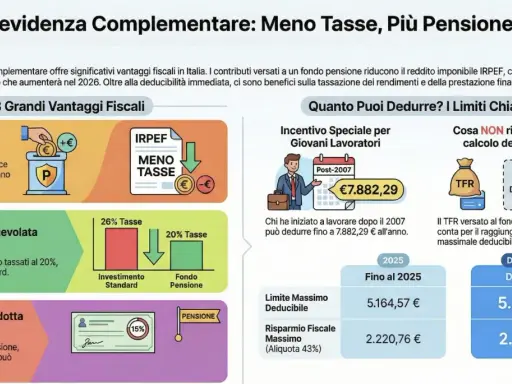 I contributi previdenziali deducibili per professionisti riducono l'IRPEF. L'immagine illustra i vantaggi fiscali, inclusa la deducibilità immediata.
