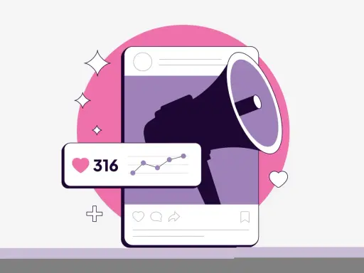 Grafica stilizzata di un megafono su uno schermo, con icone di like, commenti e condivisioni. Un grafico mostra l'andamento dei social media KPI.