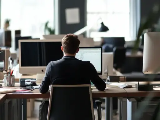Uomo al computer in ufficio, concentrato sul suo lavoro. Potrebbe essere una ricerca per un job posting interno.