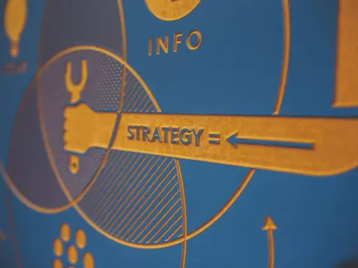 Grafica astratta con elementi dorati su sfondo blu, che illustra esempi di tattica e strategia con frecce e simboli.