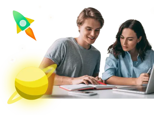 Giovani studiano con un laptop e quaderni, circondati da elementi spaziali come un razzo e un pianeta. Scopri i lacerba corsi gratuiti per un futuro brillante.