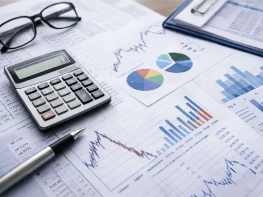 Occhiali, calcolatrice e grafici su fogli di calcolo, per un'analisi accurata del bilancio di competenza.