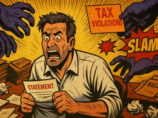 Uomo terrorizzato con mani viola che lo afferrano, avviso "TAX VIOLATION!" e "SLAM". Cosa succede se non pago le tasse?