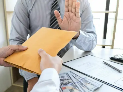 Uomo con mano alzata rifiuta busta marrone, mostrando come rifiutare una proposta di lavoro con integrità.