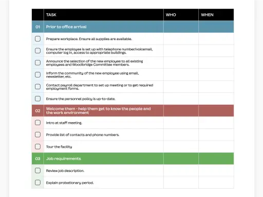 Checklist per l'onboarding di nuovi dipendenti, con dettagli su attività, responsabili e tempistiche, seguendo la policy aziendale.