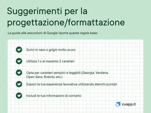 Suggerimenti per la progettazione/formattazione del tuo curriculum: scrivi in nero, usa pochi caratteri, scegli font leggibili, elenca esperienze e includi contatti.
