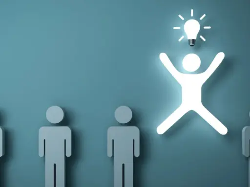 Una figura umana luminosa con una lampadina sopra la testa, simbolo di problem solving, si distingue da altre figure grigie.