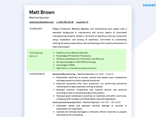 Matt Brown, Machine Operator, con solide competenze tecniche in produzione, CAD/CAM e manutenzione macchinari.