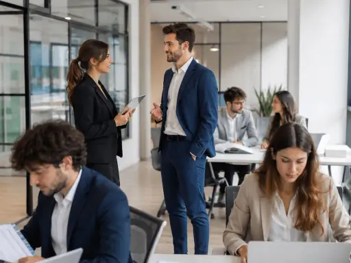 Ufficio moderno con persone che lavorano. La gestione delle risorse umane cosa sono? Il team collabora per il successo.