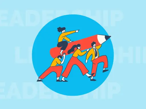 Un team spinge una matita rossa, con una persona che indica la direzione. Esemplifica la capacità di leadership e il lavoro di squadra.