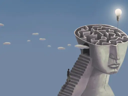 Un uomo sale una scala verso un labirinto nella testa di una statua, simbolo di esempi di problem solving nella vita quotidiana. Una lampadina illumina la soluzione.