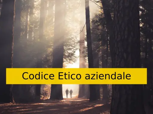 Due persone camminano in un bosco nebbioso, illuminate da raggi di sole. Sopra di loro, una barra gialla recita "Codice Etico aziendale".