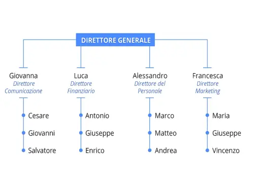 Organigramma significato: struttura gerarchica con Direttore Generale, direttori di dipartimento (Comunicazione, Finanziario, Personale, Marketing) e i loro collaboratori.