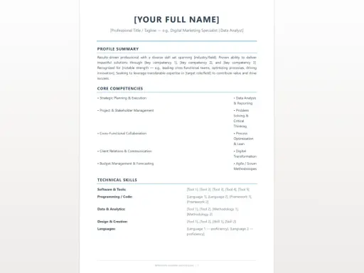 CV funzionale con riepilogo del profilo, competenze chiave e competenze tecniche. Elenca strumenti, linguaggi e metodologie.