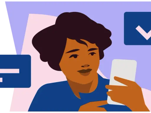 Donna con smartphone, icone di spunta e testo. Il **job posting significato** è chiaro: un'opportunità di lavoro.