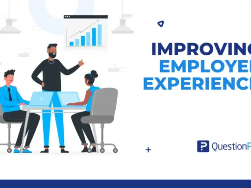 Migliorare l'employee experience: un team collabora attorno a un tavolo con laptop, mentre un grafico mostra crescita.