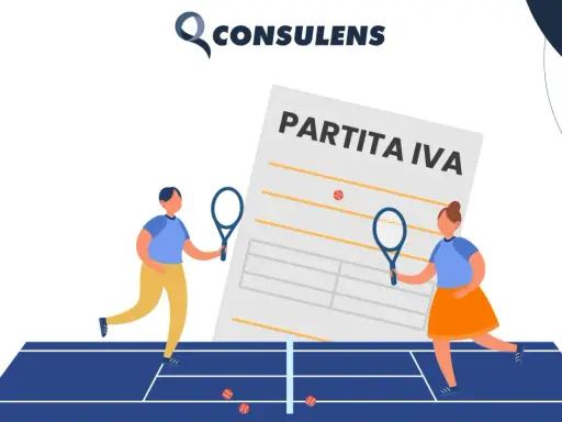 Due istruttori sportivi giocano a tennis davanti a un documento "Partita IVA".