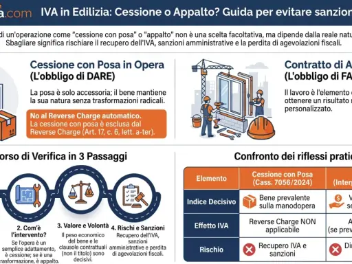 Illustrazione che confronta cessione con posa e appalto, evidenziando le differenze fiscali. Un prestatore di manodopera è raffigurato nel contesto di un appalto.