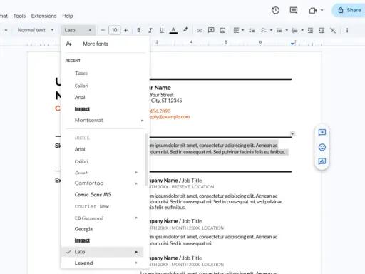 Menu font in Google Documenti per curriculum. Selezionato Lato, con altre opzioni disponibili.