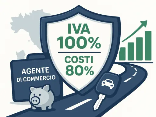 Agente di commercio: esempio calcolo ammortamento auto. IVA 100%, costi 80%. Grafico in crescita, salvadanaio e chiave auto.
