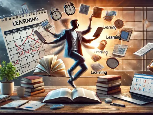 Un uomo con molte braccia afferra libri, laptop e clessidre, simboleggiando l'apprendimento permanente e la crescita continua.